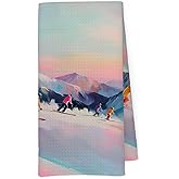 Qskjre Winter Ski Kitchen Towels,Ski Lover Gifts for Women Men, Pink Blue Mountain Skier Landscape Christmas Decorative Hand Tea Dish Towel for Ski Lodge Bathroom Kitchen Sports Room Decor, 16x24 Inch