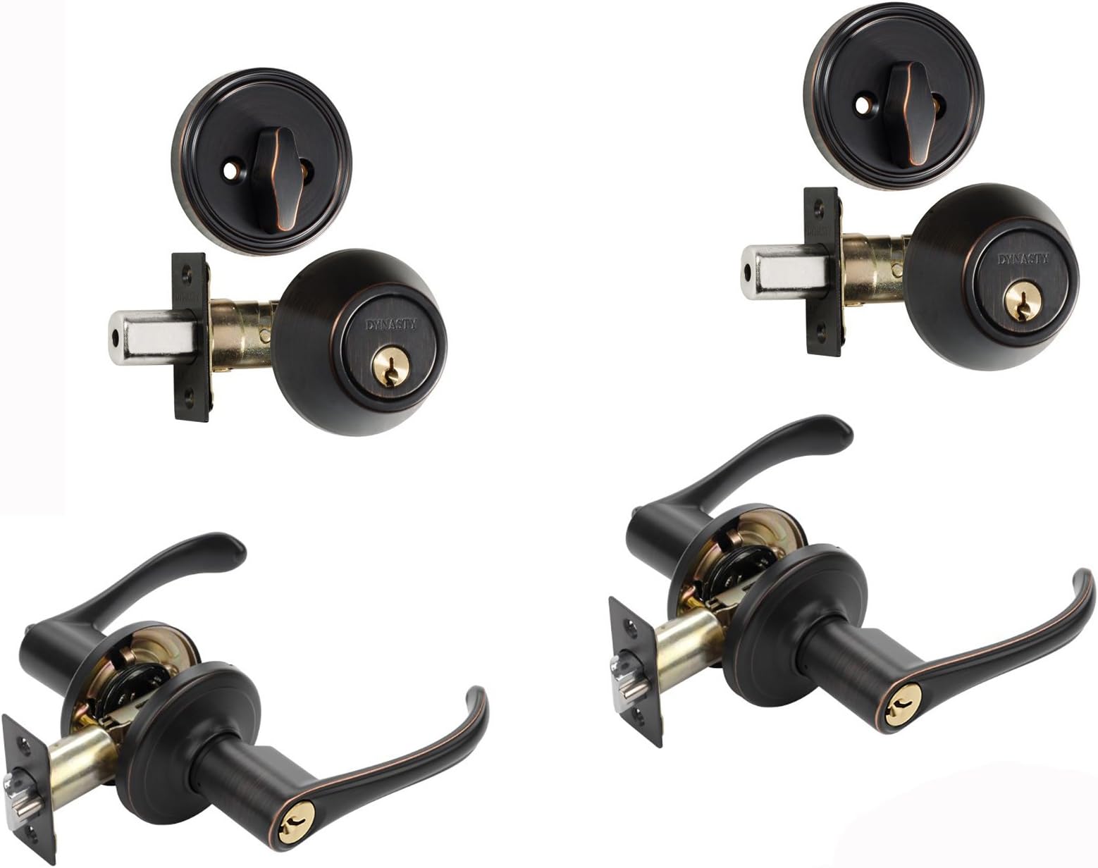 Dynasty Hardware CP-VAI-12P, Vail Front Door Entry Lever Lockset and Single Cylinder Deadbolt Combination Set, Aged Oil Rubbed Bronze (2 Pack) Keyed Alike