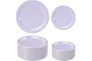 FALIZIFU 50 Pcs Iridescent Light Purple Paper Plates 25 × 7'' and 25 × 9'' Disposable Lavender Shiny Holographic Foil Dinner Plates for Wedding Baby Shower Birthday Party Glitter Dessert Plate
