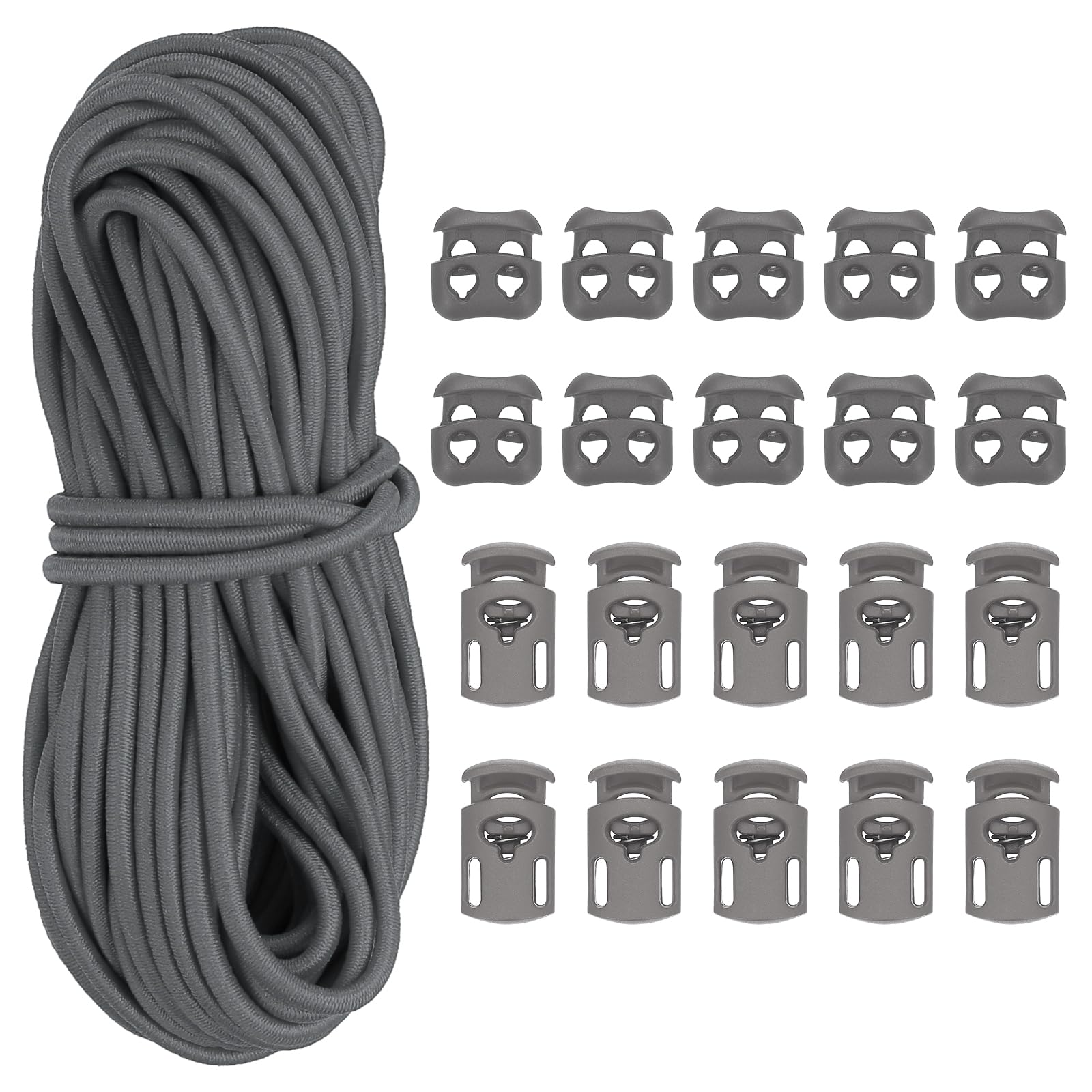 PATIKIL 16 Yard Elastic Bungee Cord & 10pcs Single Hole Cord Lock & 10pcs Double Hole Spring Toggle Stopper for Paracord Drawstring Shoelace Clothing Backpack Bags, Dark Gray