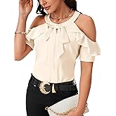 Rooscier Women's Cold Shoulder Tie Knot Round Neck Short Sleeve Ruffle Blouses Shirts Top