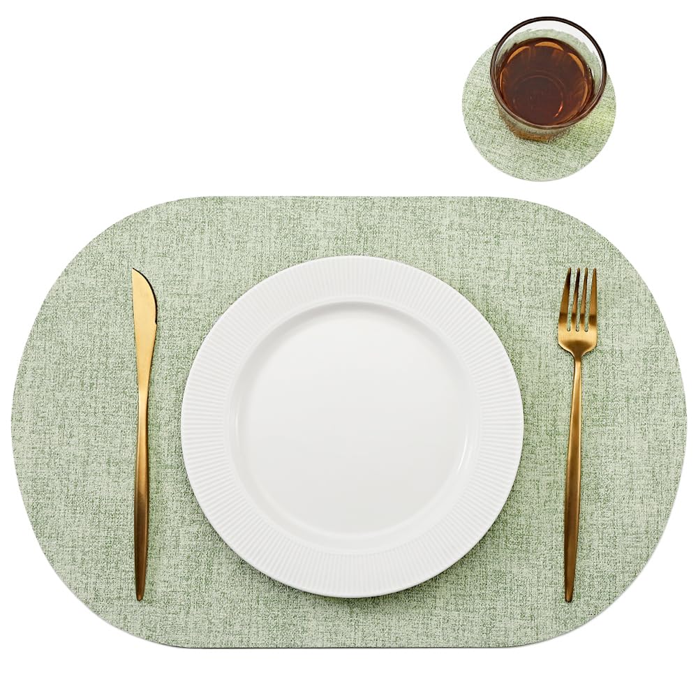 Oval Table Mats Set of 6, Faux Leather Placemats, Heat Resistant & Waterproof(Green)
