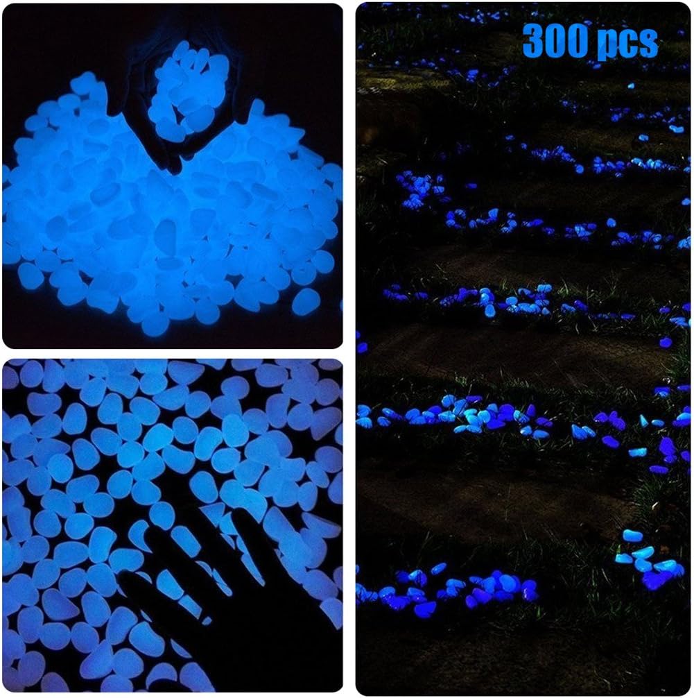 Hamek 300 Pcs Glow in The Dark Garden Pebbles, Outdoor Glow Rocks Stones for Fairy Garden, Walkways, Driveway, Fish Tank Aquarium Glow Decorations Gravel (Blue)