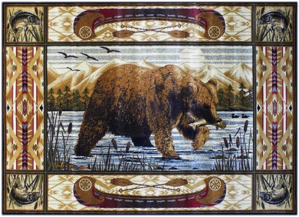 Masada Rugs Nature Area Rug Bear Fishing Scene (5 Feet 2 Inch X 7 Feet 1 Inch)