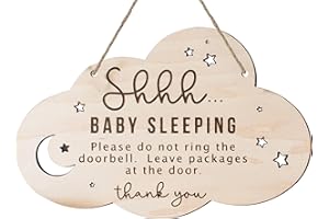 OENIZI 2pcs Wooden Baby Sleeping Hanging Sign Plaque, Do Not Knock Or Ring The Bell, Round Wooden Door Hanger for Baby Room, Nursery, Front Door, Door Knob Decor (Cloud)