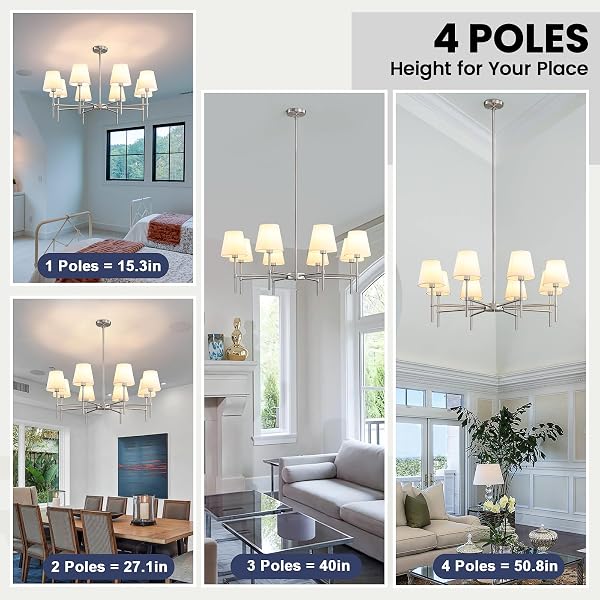 RUIYEY DINING ROOM CHANDELIERS LIGHT – MODERN BRUSHED NICKEL CHANDELIER, 8-LIGHT METAL FARMHOUSE DINING ROOM LIGHT FIXTURE, E26 HANGING PENDENT LIGHTING FOR KITCHEN, LIVING ROOM, FOYER, ENTRANCE