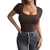 DJT Womens Square Neck Going Out Crop Tops Ribbed Knit Short Sleeve Slim Fit T Shirts Y2K Summer Basics Tees