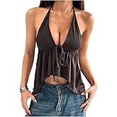SweatyRocks Women's Deep V Neck Tie Front Asymmetrical Peplum Halter Ruffled Tops Camisole