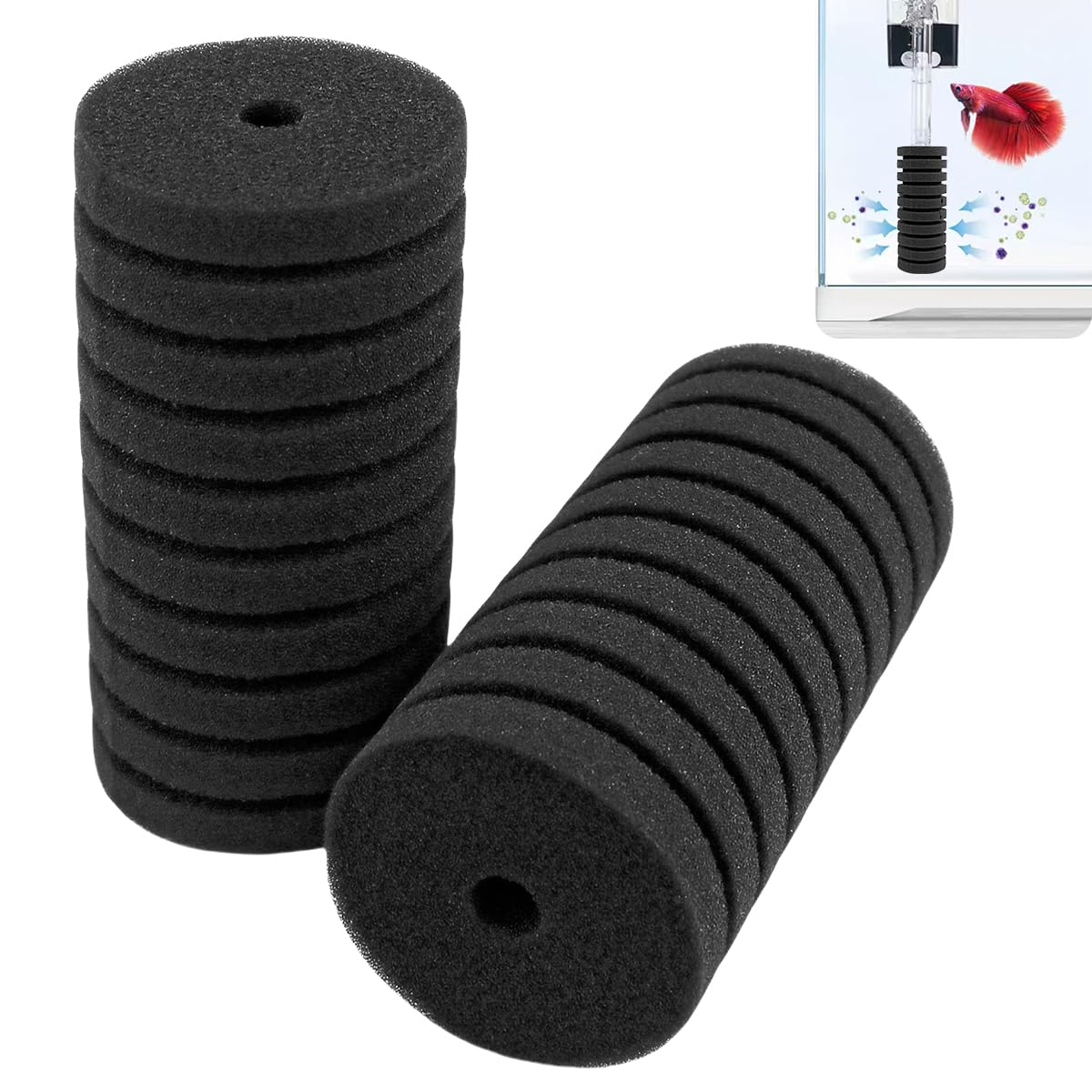 FERCAISH Pack of 2 Aquarium Pre-Filter Sponge, Filter Sponge Aquarium Round, Filter Sponges with Hole, Sponge Filter Aquarium Accessories for Aquariums, Small Fish Tank (Black)