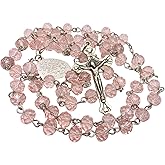 Nazareth Store Pink Pearl Beads Rosary Handmade Prayer Beaded Necklace with Miraculous Medal and Silver Cross