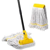 KeFanta Heavy Duty Commercial Mop Industrial Cotton Mops with Long Handle | 60" Looped-End String Wet Mops with 2 Replacement Head for Floor Cleaning,Home,Kitchen,Office,Garage and Concrete/Tile Floor
