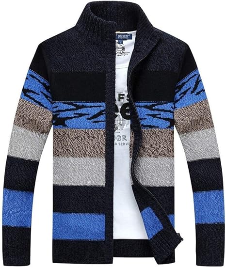Amazon Co Jp Knlang メンズニットセーターカーディガン冬のファッションスタンドカラーウールセーターセーターコート 色 青 サイズ M ホーム キッチン