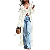 ZEXIGLAD Maxi Long Cardigan Sweaters for Women Lightweight Crochet Bell Long Sleeve Ruffle Summer Beach Cover Up Fall Dress