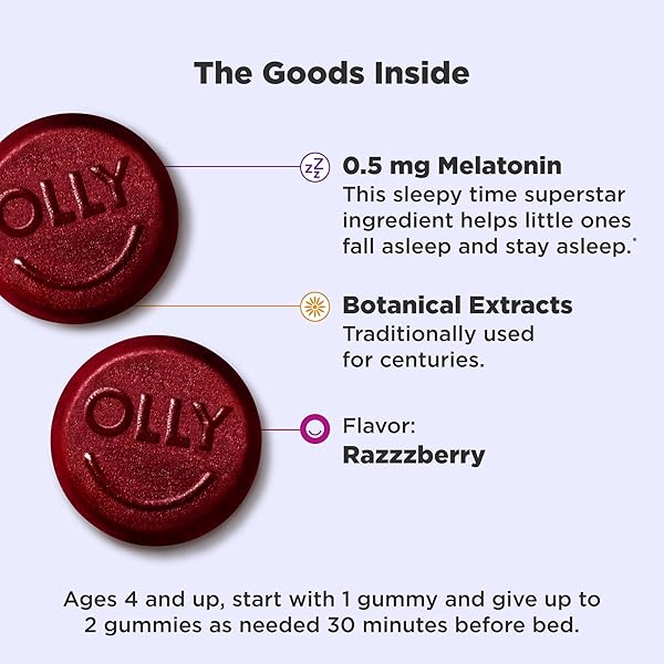 OLLY KIDS SLEEP GUMMIES, 0.5MG MELATONIN, L THEANINE, CHAMOMILE, AND LEMON BALM, RASPBERRY – 70 COUNT