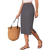 Naggoo Knitted Midi Skirts for Women Summer Elastic High Waisted Side Slit Long Skirt