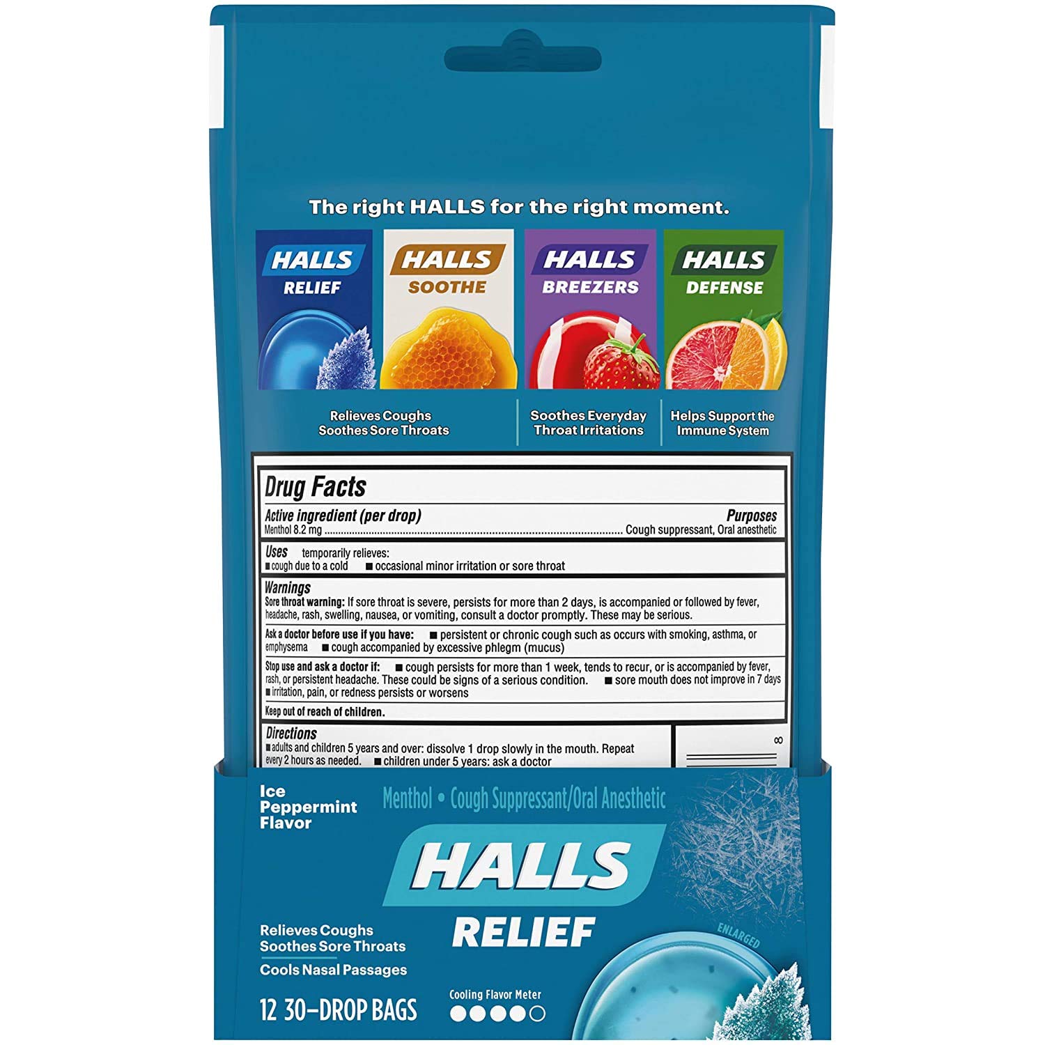 HALLS Relief Ice Peppermint Flavor Cough Drops, 12 Bags (360 Total Drops) : Cough Drops : Grocery & Gourmet Food