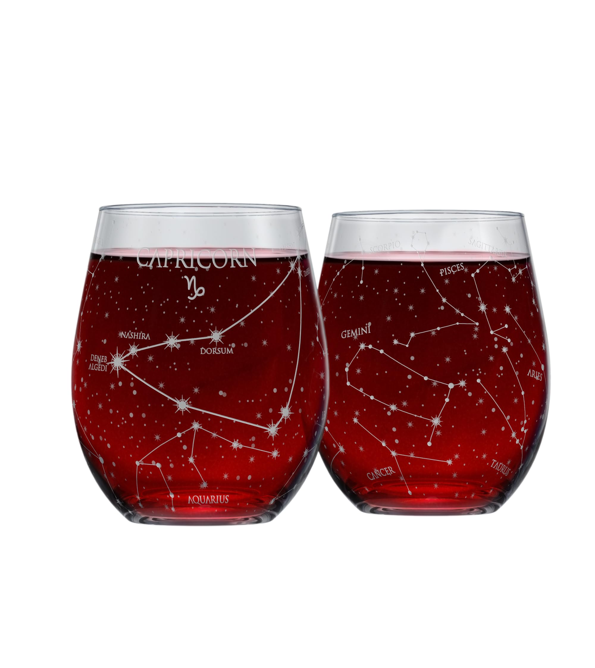 Greenline Goods Capricorn Stemless Wine Glasses | Zodiac Capricorn Set | Hand Etched 15 oz (Set of 2) - Astrology Sign Glassware