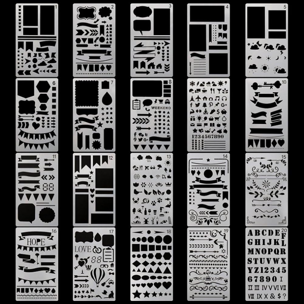 Plastic Planner Stencils Qutaway Stencil Set 1200 New Different Pattern Shape Plastic Planner Drawing Template Apply to Diary Scrapbook and DIY Drawing (24 Pcs, 4 x 7 Inch)