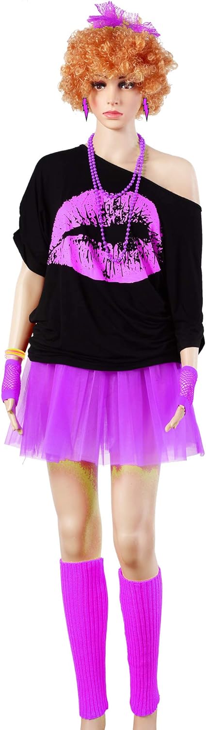 80s Costume Accessories Set T-Shirt Tutu Headband Earring Necklace Leg Warmers: Clothing