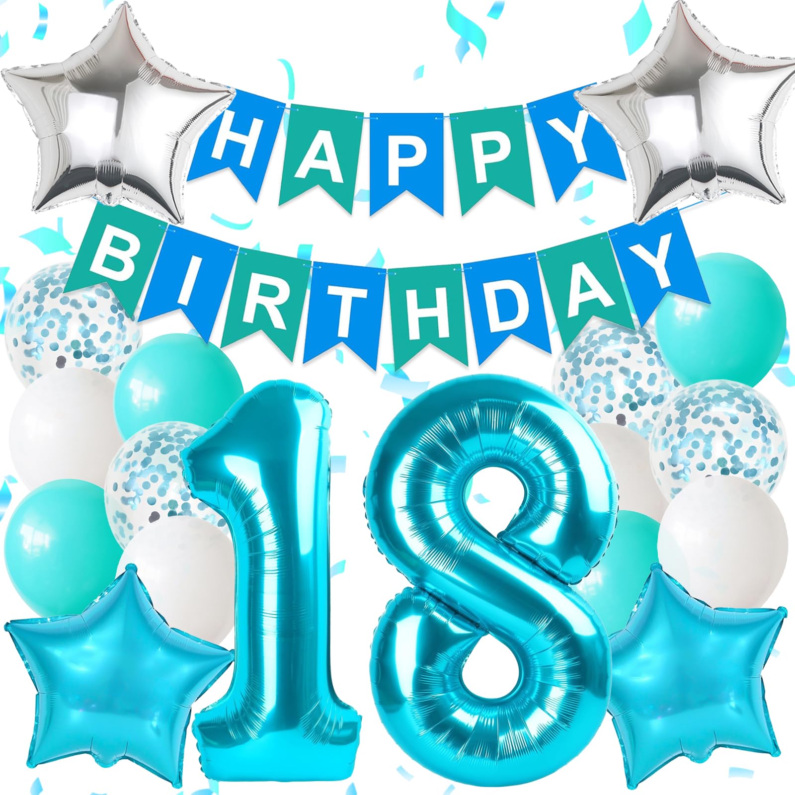 Happy 18th Birthday Decorations For Girls, Blue Happy Birthday Banner, Teal Blue 18 Balloon Numbers 40 Inch, 18th Birthday Balloons For Teal Blue Birthday Decorations