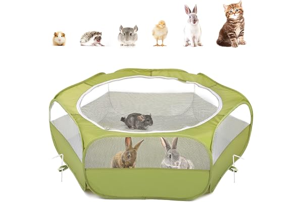 Pawaboo Small Animals Playpen, Waterproof Small Pet Cage Tent with Zippered Cover, Portable Outdoor Yard Fence with 3 Metal Rod for Chick/Kitten/Puppy/Guinea Pig/Rabbits/Hamster/Chinchillas,Green