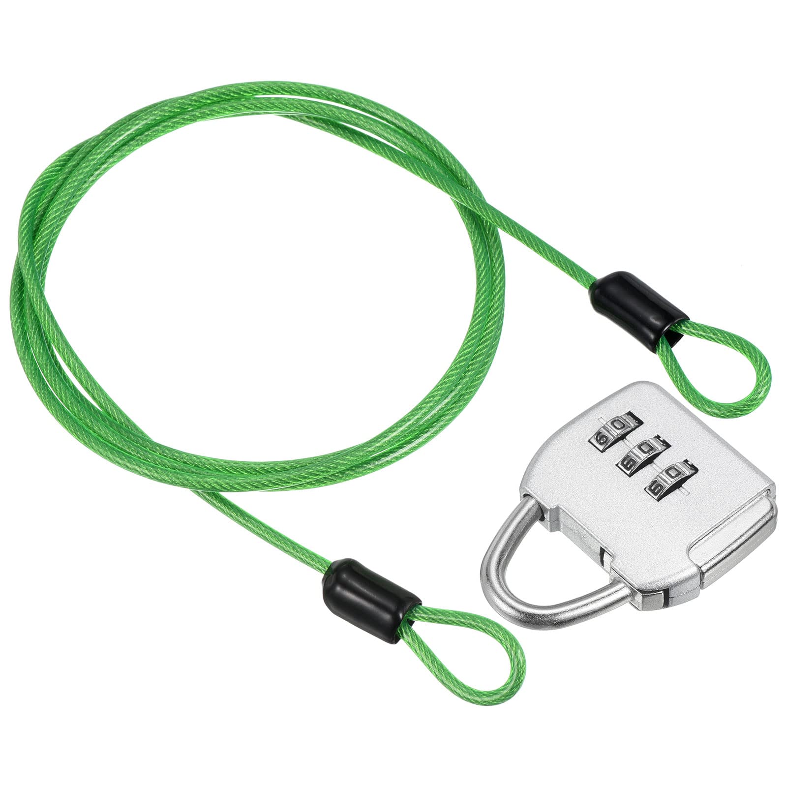 PATIKIL Security Steel Cable with 3 Digit Combination Lock, Travel Padlock 3Ft Green Coated Safety Wire Rope Double Loop for Luggage Suitcase, Silver
