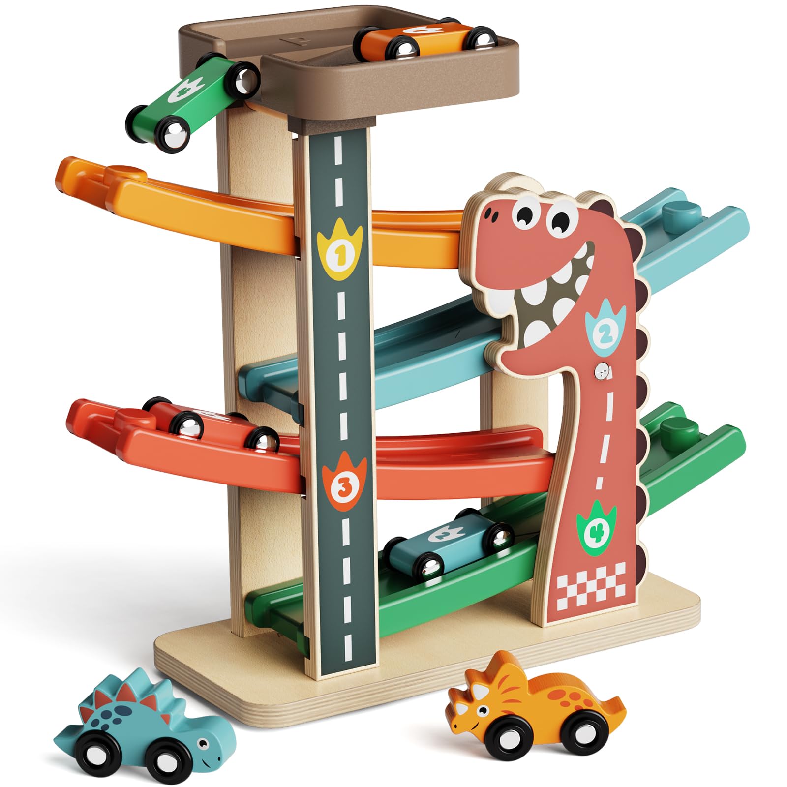 Photo 1 of Paisure Montessori Toys for 1 Year Old, Car Ramp Track Toy for Toddlers 1-3, Wooden Toy Race Track with 4 Mini Cars, 2 Dinosaur Cars, 4 Ramps, Gift for Boys Girls Christmas Birthday