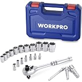 WORKPRO 22-Piece Socket Wrench Set, Metric Ratchet Wrench Set | 3-in-1 Ratchet Handle, 1/4, 3/8, 1/2 Inch Drive, CR-V Metric Socket Set, Extension Bars, Storage Box, Auto Repairing Tools