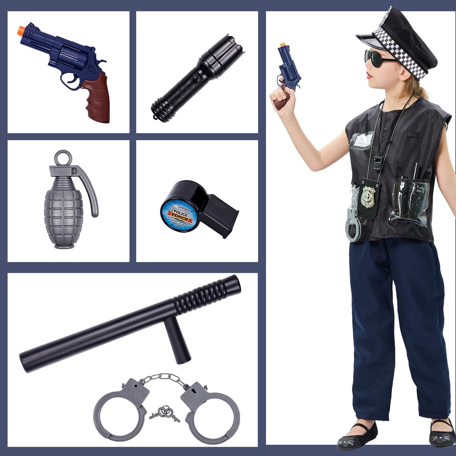 Tacobear Police Costume Kids with Police Pretend Play Accessories Police Equipment Police Vest Cap Badge Sunglasses Baton Handcuff Police Toys Role Play Costume Accessories Kids Boys - Image 5
