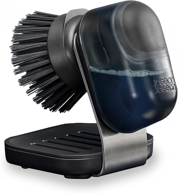 SinkTech Cepillo de Palma para Fregar Platos con Dispensador de Jabón y Base de Acero Inoxidable