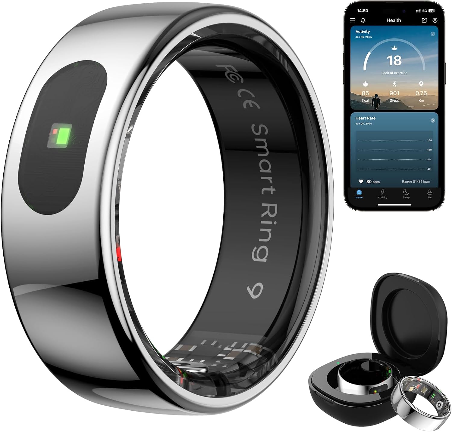 Smart Ring for Women & Men - Touch Control Health Tracker with Skin Temperature Monitoring, Sleep, Step & Exercise Tracking, Music & Video Control (Silver, 7)