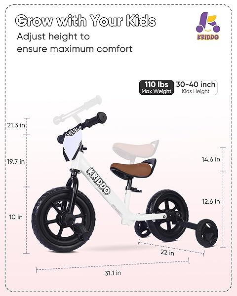 KRIDDO 2-IN-1 KIDS TRICYCLE AND TODDLER BALANCE BIKE 2 YEAR OLD, DETACHABLE PEDALS AND STOWABLE TRAINING WHEELS, DIY PLATE, RIDING TRIKES TOY FOR AGES 18 MONTHS TO 3 YEARS, WHITE