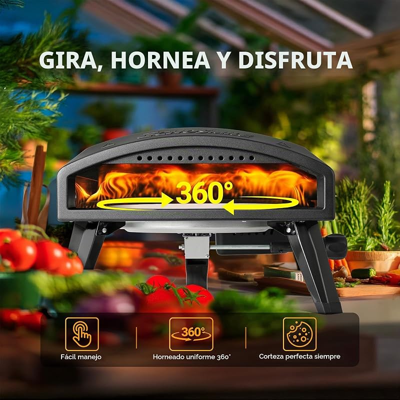 Forno de pizza a gás exterior, 12 polegadas, panela de propano atinge 510,0 °C, cozedura rápida em 60 segundos, inclui mangueira de gás, botão de controlo de chama, manípulo de