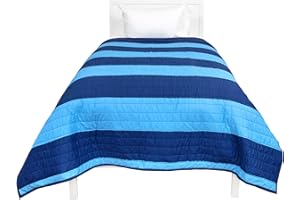 Saturday Park Rugby Stripe Blue Twin Quilt - 100% Cotton Blanket - Soft Down Alternative Bedding - OEKO-TEX certified