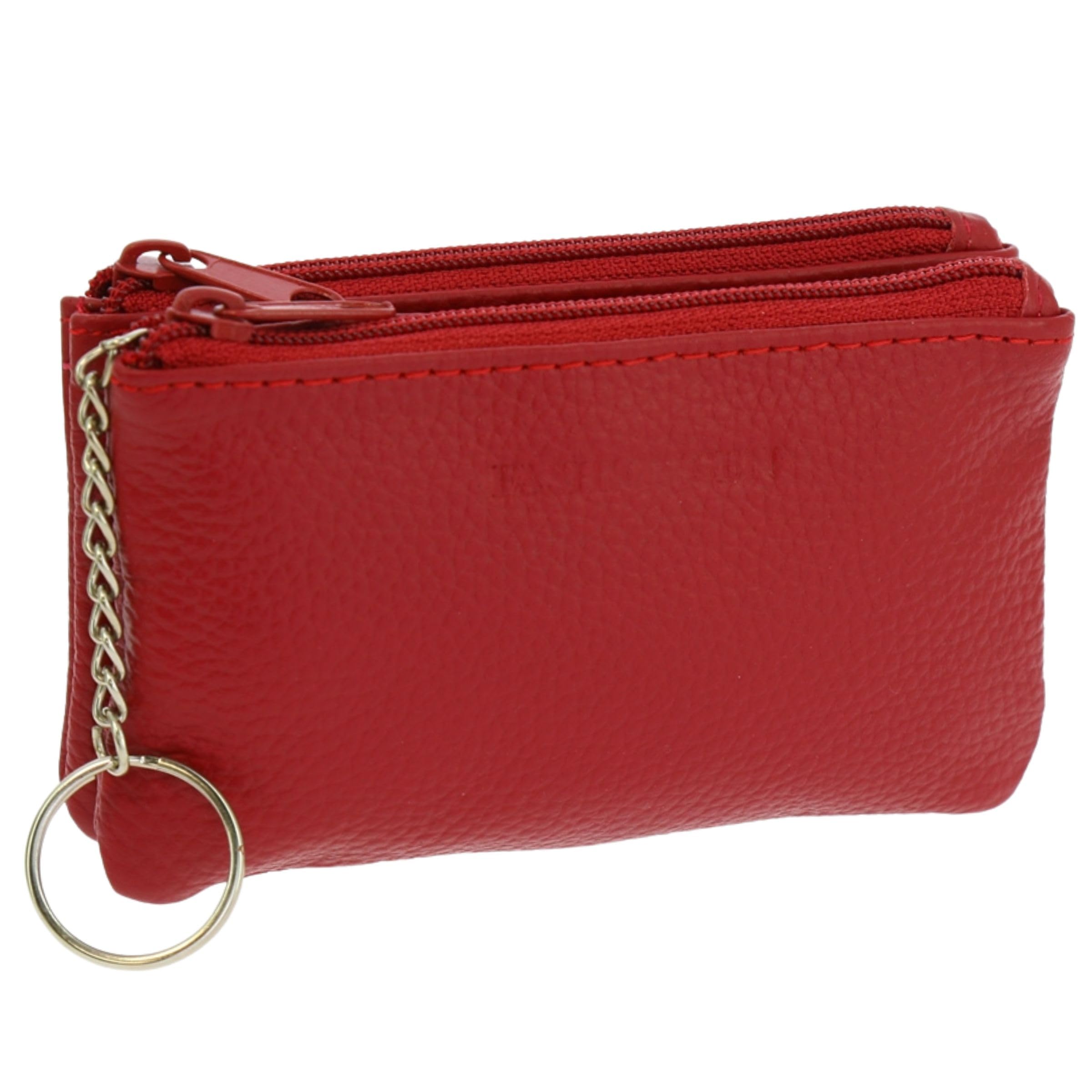 FASHIONGEN Leather Double Zip Coin Purse, Red (Unisex-Adults, All Ages, 2 Compartments)