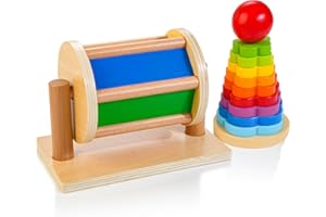JUSTWOOD Spinning Drum for Babies 6M+, Spinning Rainbow Baby Toy, Montessori Baby Toys Play Kit, Medium Spinning Drum and Shape Stacker for 6-12 Months Toddlers, Gift for One Year Old Boys and Girls