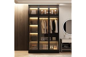 Hitow Wardrobe Cabinet with LED Light Strips, Armoire Closet with Glass Doors, Wooden Large Wardrobe with 5 Tiers Shelf & Hanging Rod, Modern Bedroom Armoire Clothes Organizer, Black 47.2" W