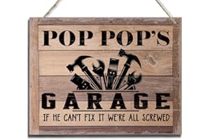 BQL Rustic Sign, Father's Day Gift, Dad's Gift, Grandpa's Gift, Decor Hanging Wood Signs, Printed Wood Wall Art Sign, Pop Pop's Garage, If He Can't Fix It We're All Screwed, Vintage Sign Gift for Grandpa