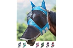 Harrison Howard CareMaster Pro Luminous Horse Fly Mask Large Eye Space Long Nose with Ears UV Protection for Horse Sky Blue XL Extra Full