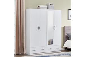 Idealcabin Mirror White Wardrobe Closet with 4 Doors Armoire Wardrobe Closet Wooden White Storage Wardrobe Cabinet with Hanging Rod Bedroom Armoires for Clothes Closet (20.3" D x 63.0" W x 74.2" H)