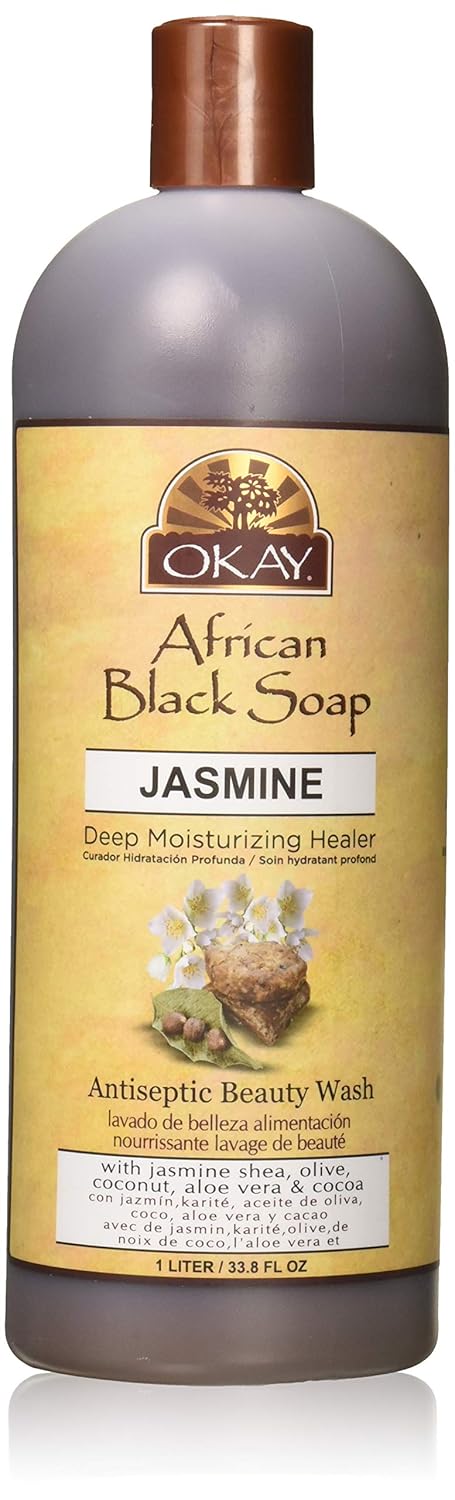 Okay African Black Soap Liquid with Jasmin | For All Skin Types | Deep Moisturizing Healer | Nourishing Beauty Wash | Free of Sulfate, Silicone & Paraben | 33 oz
