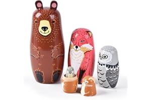 Tngan Russian Nesting Dolls, 5 Pcs 6 "Tall Animal Nesting Easter Eggs Toys, Stacking Wooden Handmade Matryoshka Dolls for Kids Toddlers Birthday or Home Decoration Gift (Bear)