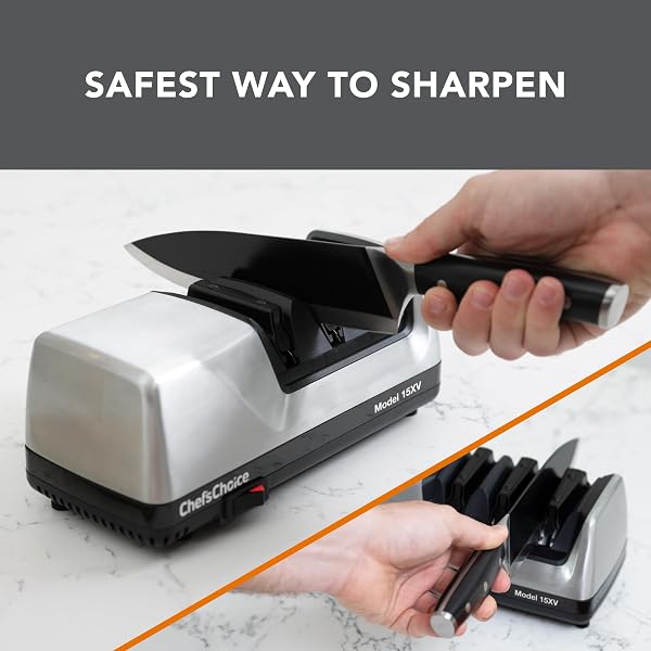 CHEF’SCHOICE 15XV EDGESELECT PROFESSIONAL ELECTRIC KNIFE SHARPENER WITH 100-PERCENT DIAMOND ABRASIVES AND PRECISION ANGLE GUIDES FOR STRAIGHT EDGE AND SERRATED KNIVES, 3-STAGE, GRAY