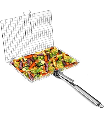 Lasuroa Panier Grillades Poisson Pliable Fer Poignée Bois - Grille Antiadhésive Barbecue