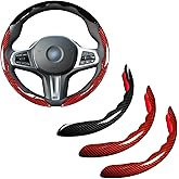 Car Steering Wheel Cover Set Bright Carbon Fiber Wrap Non-Slip 3pcs Steering Wheel Accessories 14.5-15 inch Universal (Black Red)