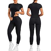 Relety Womens Two Piece Workout Sets Slim Fit Short Sleeve Shirt High Waist Leggings Yoga Outfits Matching Gym Set