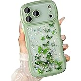 UEEBAI Wave Butterfly Case for iPhone 17 Pro Case, Pretty Bling Star Butterfly for Women Cute Shiny Glitter Phone Cover for Girls Bling Clear Cover Curly Shockproof Girly Shell - Green