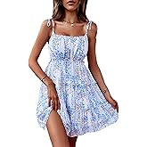 Mansy Womens 2025 Summer Floral Mini Dress Boho Flowy Skater Dresses Short Sleeveless Ruffle Spaghetti Strap Dress