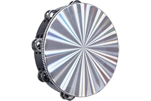 Dreokee Radiant Tambourines, 10 inch Tambourine with Double Row Jingle Reflective Hand Drum Percussion Handheld Drum Bell Musical Instrument Hand Held Percussion for Adults Church, KTV, Party, Games