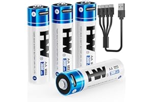 HW Rechargeable Lithium Batteries AA 4 Pack,1.5V 3600mWh Double A Battery with USB-C Cable,1000+ Cycles 2A Batteria for Flash